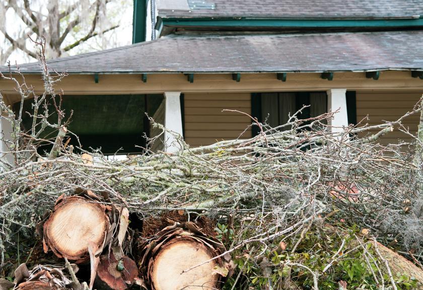 Logs and brush stacked by a front porch