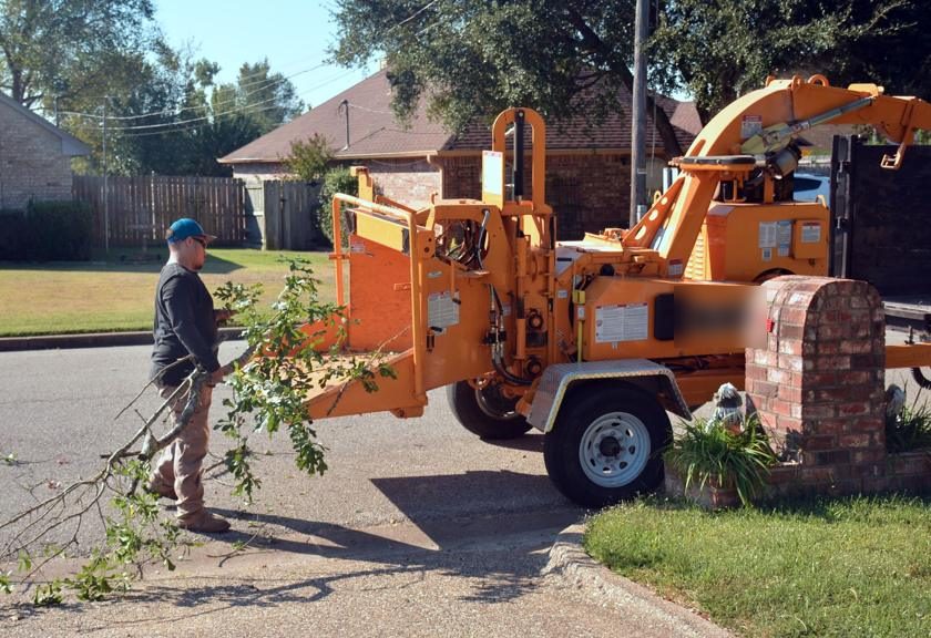 Worker loading limbs into a chipper on the street